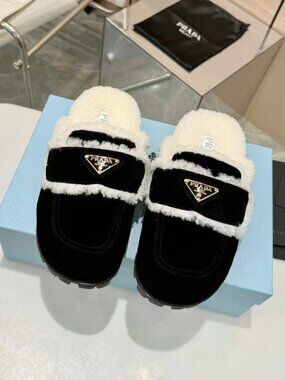 Prada Black Shearling Lined Mules